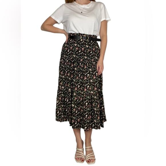 SO Large New with Tags High Rise Black & Pink Floating Floral Print Midi Skirt - Picture 2 of 10